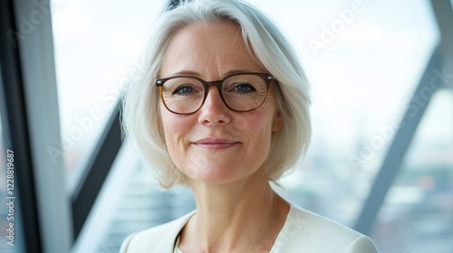 Free Download Confident businesswoman with glasses in a modern office setting. - GFXLoad