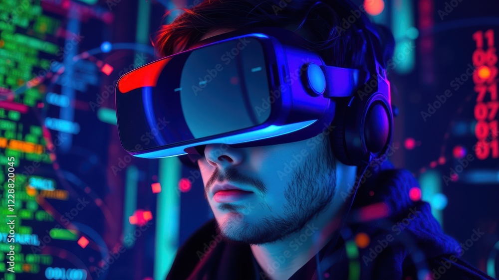 Futuristic Male User Engaged in Virtual Reality Experience Surrounded by Neon Lights and Digital Graphics Futuristic Male User Engaged in Virtual Reality Experience Surrounded by Neon Lights and Digital Graphics