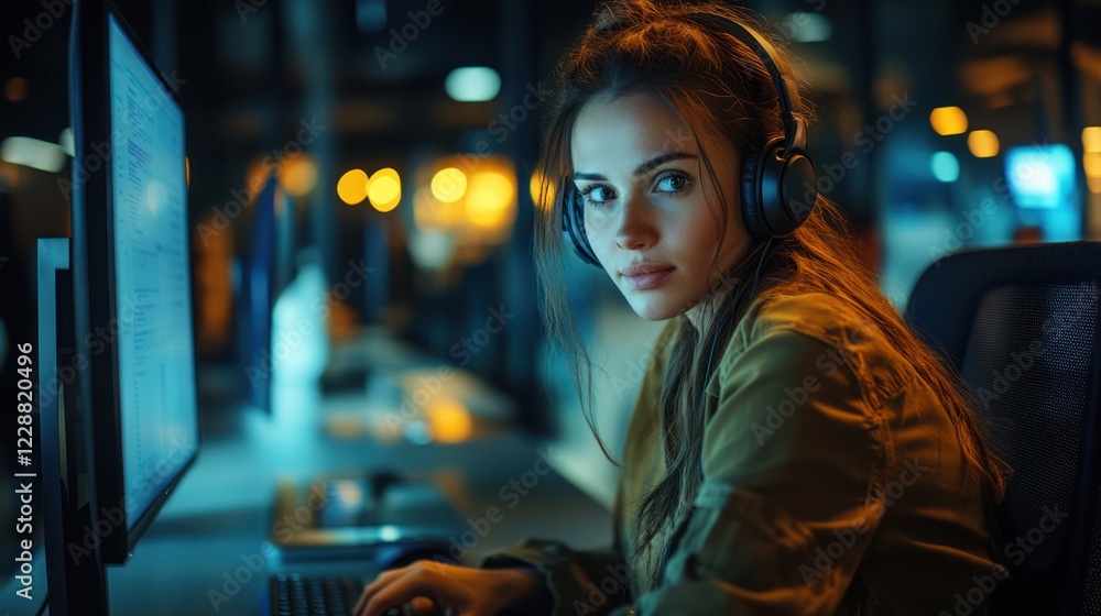 Focused young woman programmer working late at night in office. Focused young woman programmer working late at night in office.