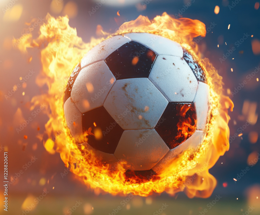 Naklejka premium Soccer ball engulfed in flames during an exciting match illustrating intense competition and passion for the sport