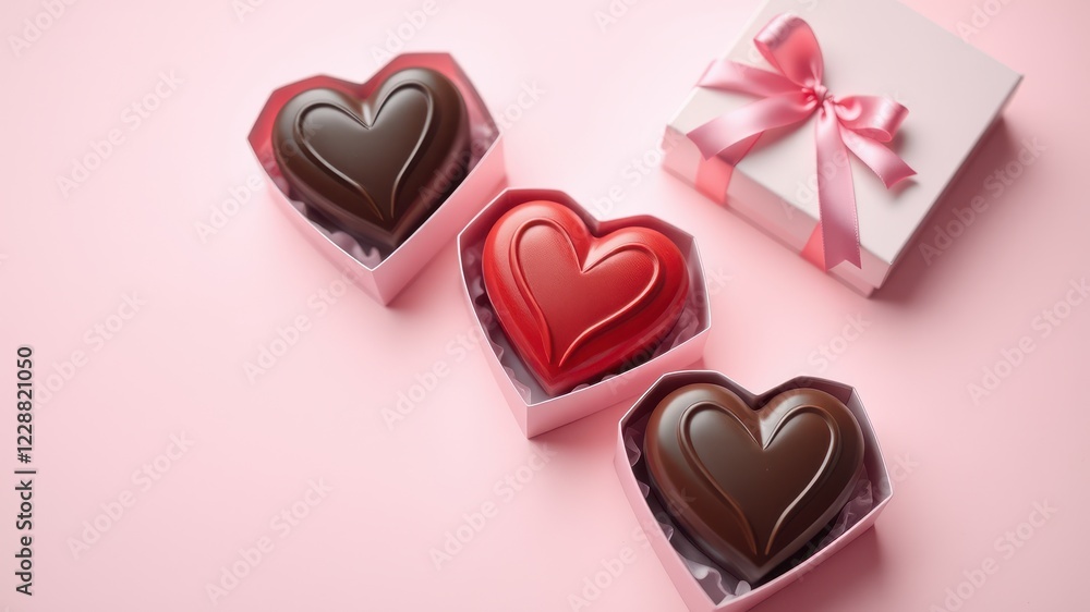 Heart-Shaped Chocolates in Valentine’s Day Gift Box with Pink Background and Bow Heart-Shaped Chocolates in Valentine’s Day Gift Box with Pink Background and Bow