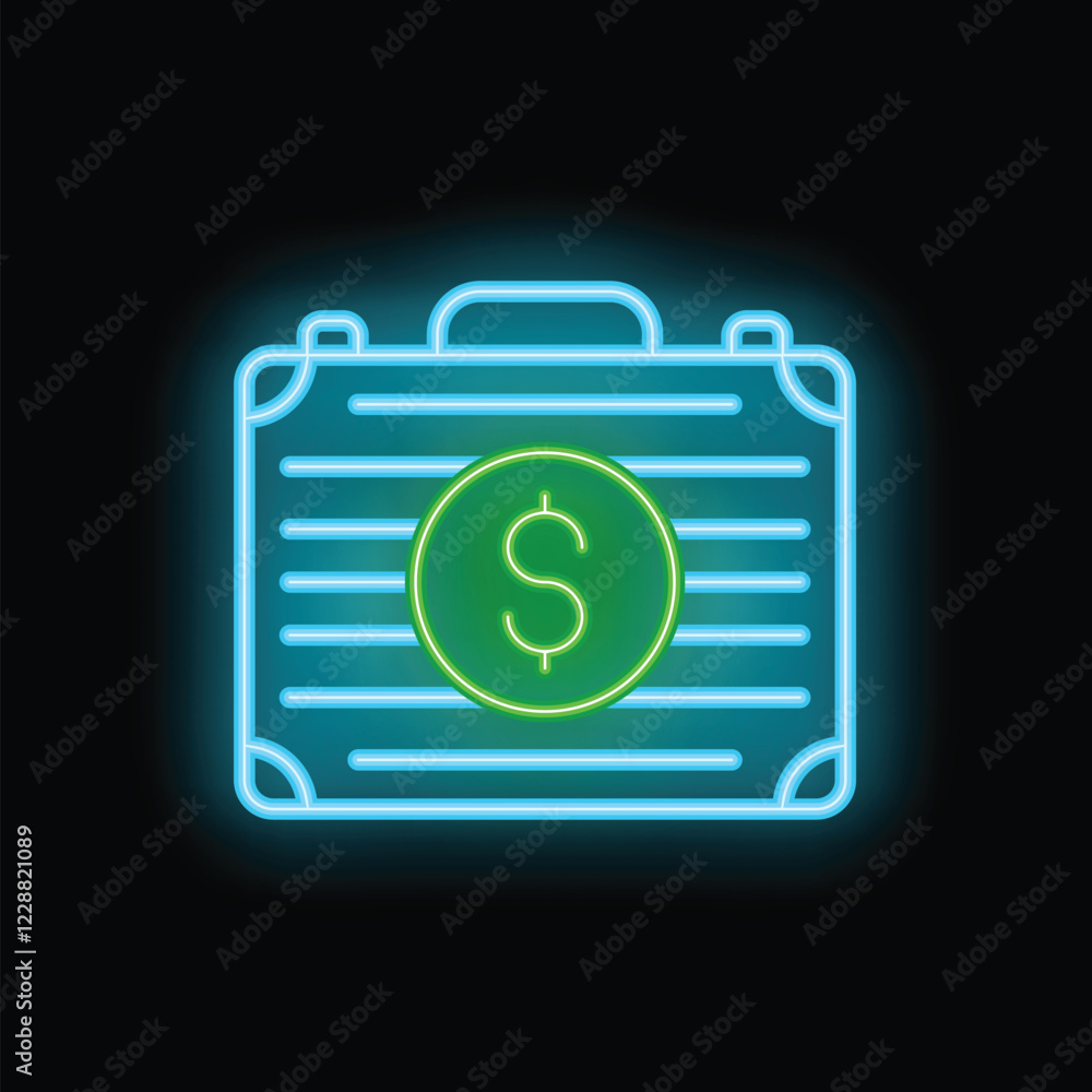 Neon green suitcase icon is glowing on a black background, representing an investment portfolio Neon green suitcase icon is glowing on a black background, representing an investment portfolio
