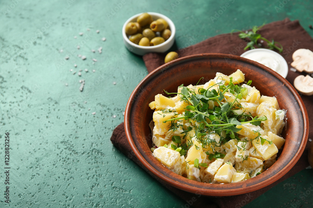 Bowl of tasty potato salad with sauce and ingredients on green background Bowl of tasty potato salad with sauce and ingredients on green background