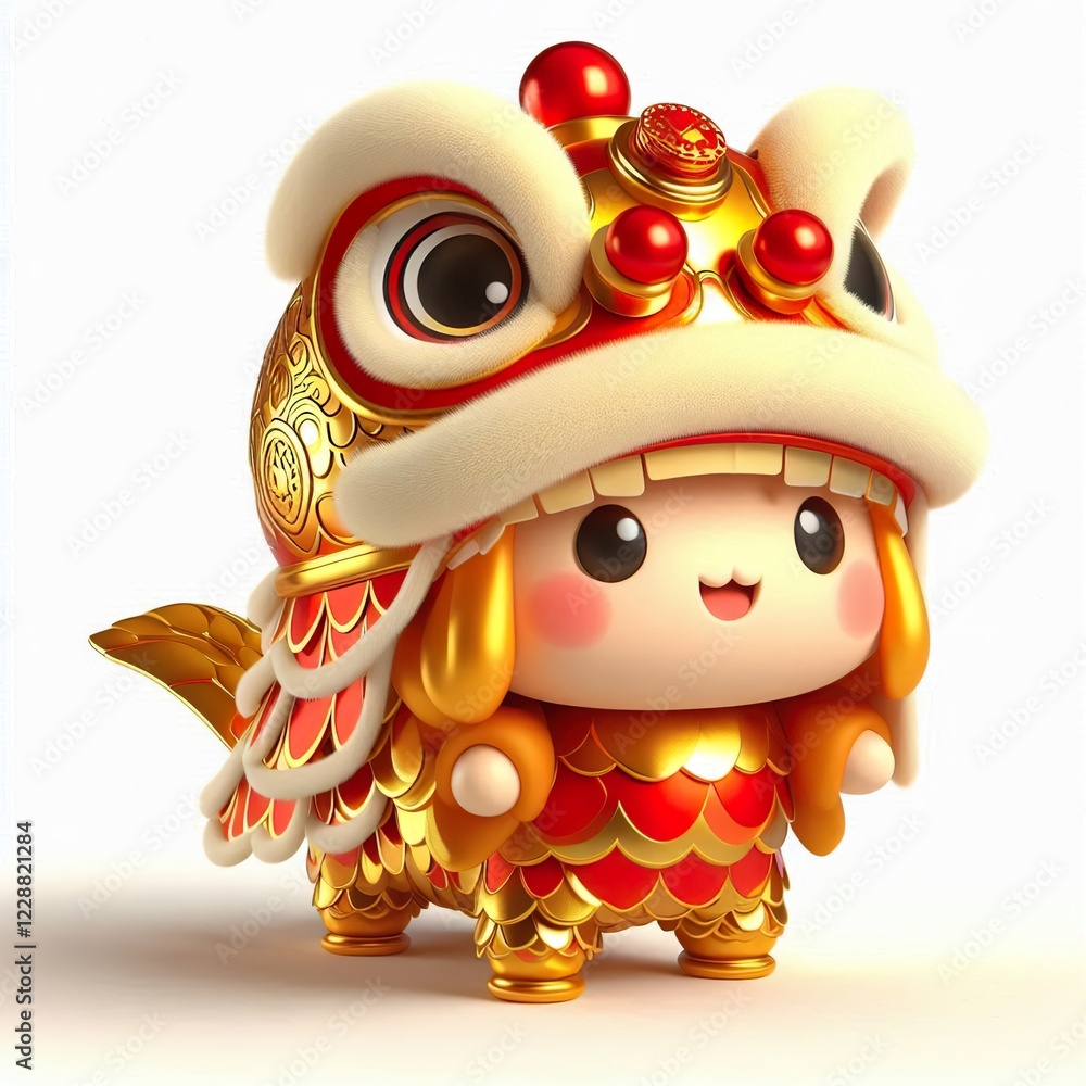 3D Adorable cartoon gold red carp fish in a lion dance costume, white background 3D Adorable cartoon gold red carp fish in a lion dance costume, white background