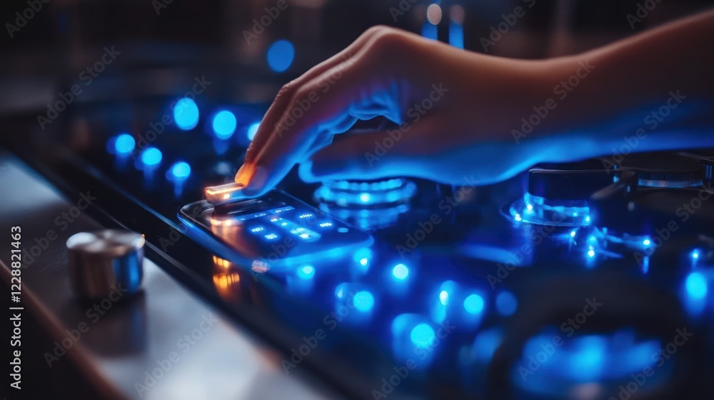 Close-up of a hand adjusting a gas stovetop control knob with blue LED lights. Close-up of a hand adjusting a gas stovetop control knob with blue LED lights.