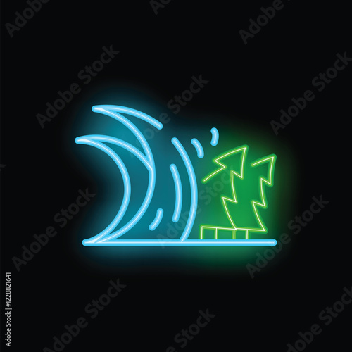 Neon style icon of a tsunami wave crashing on trees, representing the destructive power of nature