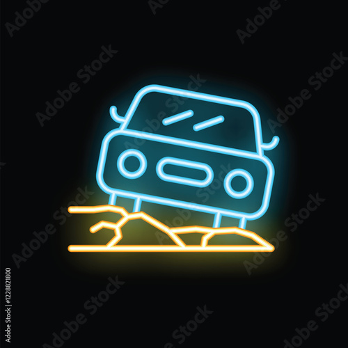 Neon car stuck in mud driving off road icon vector illustration