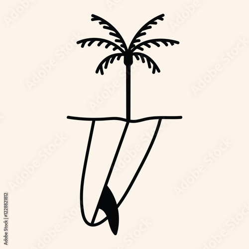 Minimalist illustration of a surfboard with a fin, partially submerged in water, perfect for beach, surf, or summer-themed designs. Clean lines and simple aesthetic.

