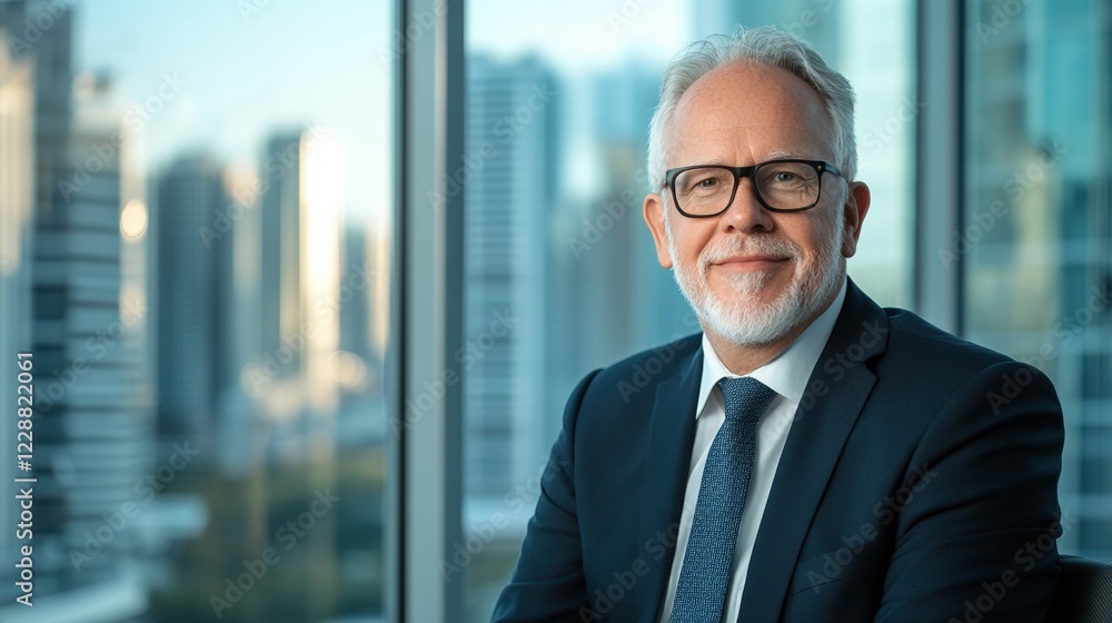 Confident senior businessman smiling in modern office with city view. Confident senior businessman smiling in modern office with city view.