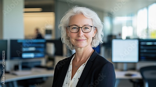 Confident senior businesswoman smiling in modern office space.