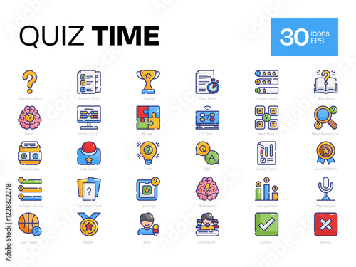 Set of 30 Quiz Time Icons, Including Buzz Button, Competition, Hint, and More – Vector Illustrations