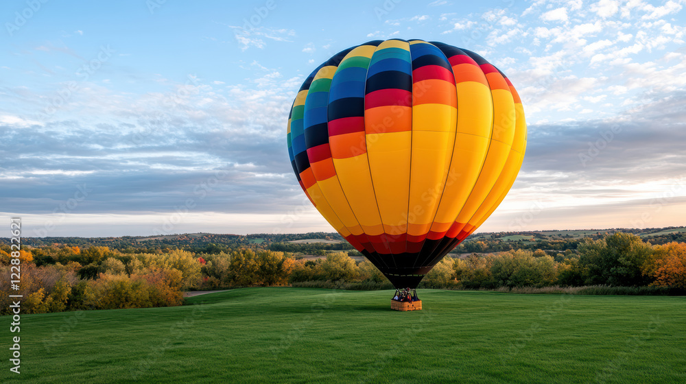 Obraz premium colorful hot air balloon preparing for liftoff in scenic landscape