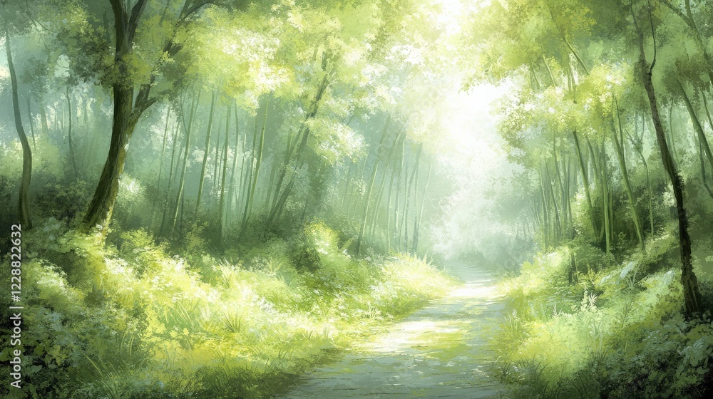 Fototapeta premium Serene forest pathway illuminated by soft sunlight, surrounded by lush greenery and tranquility