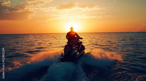 Fototapeta Naklejka Na Ścianę i Meble -  A man is riding a jet ski on a body of water at sunset
