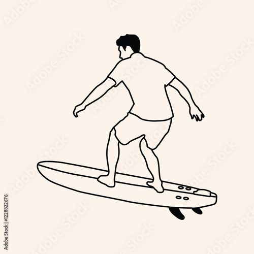 Minimalist illustration of a surfboard with a fin, partially submerged in water, perfect for beach, surf, or summer-themed designs. Clean lines and simple aesthetic.

