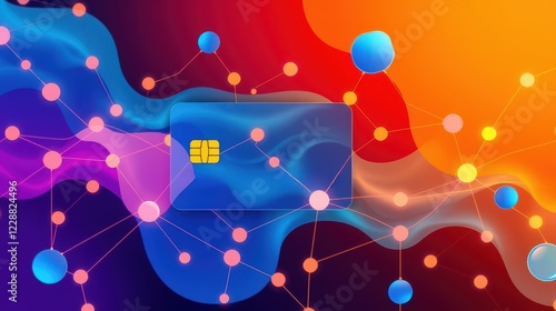 Abstract digital technology background with a credit card and vibrant colorful fluid shapes and network connections
