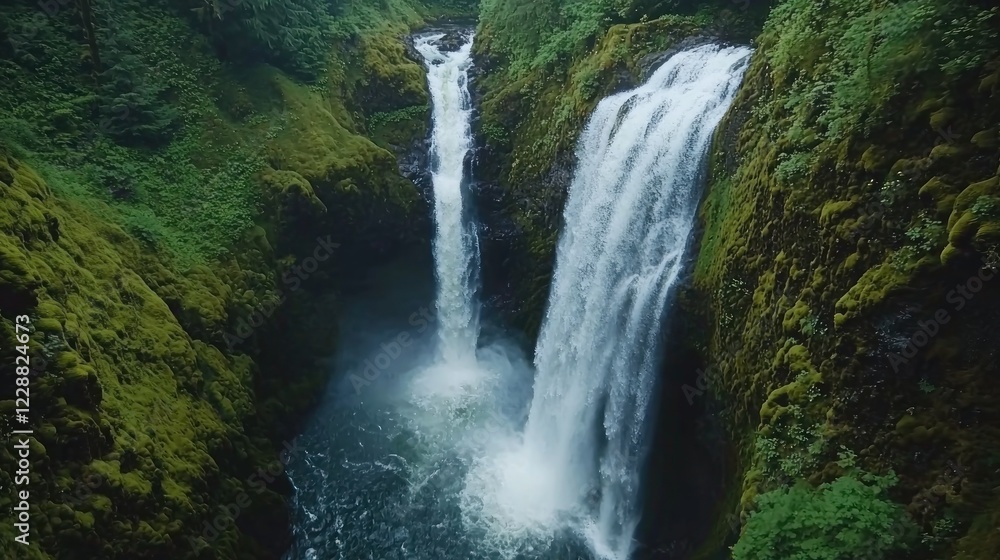 Obraz premium A cascading waterfall surrounded by lush greenery and moss-covered rocks.
