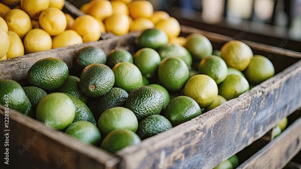 A wooden market crate filled with fresh, locally grown avocados and limes. A wooden market crate filled with fresh, locally grown avocados and limes.