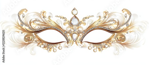 Gold jeweled masquerade mask, isolated, white background, party decor