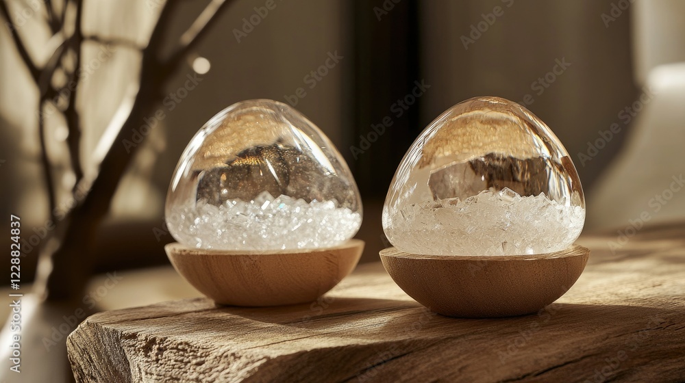 Elegant crystal Easter eggs on rustic wood, creating a balance of natural and luxurious textures, perfect for Easter decor Elegant crystal Easter eggs on rustic wood, creating a balance of natural and luxurious textures, perfect for Easter decor