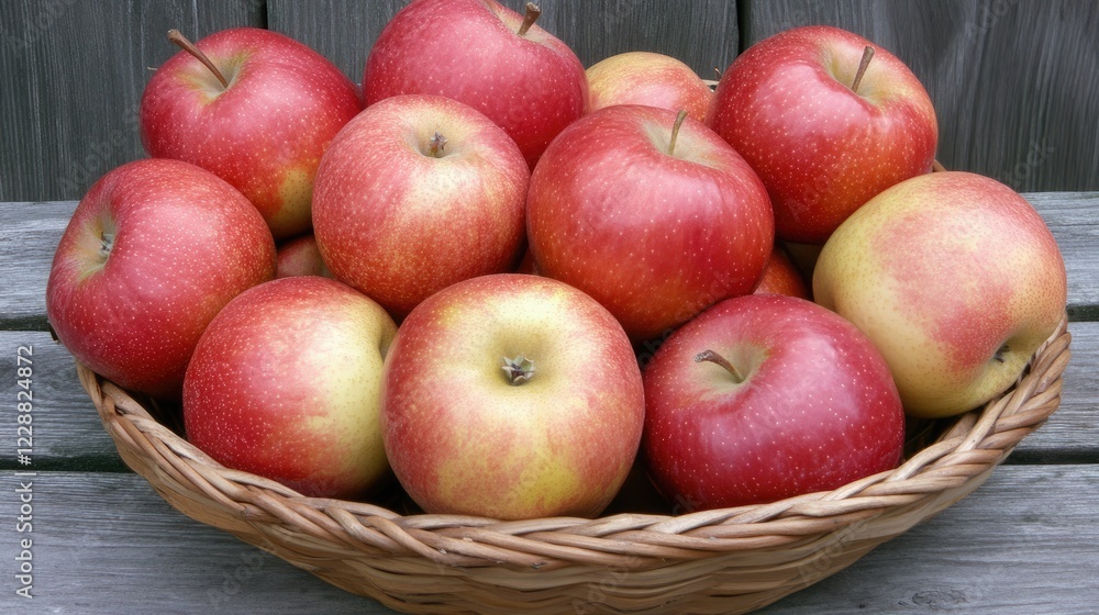 A woven basket filled with fresh, local apples and pears on a wooden surface. A woven basket filled with fresh, local apples and pears on a wooden surface.