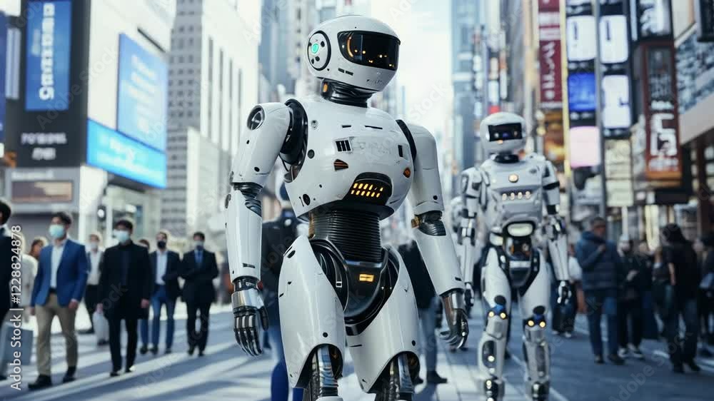 In a vibrant urban area, humanoid robots interact with pedestrians, demonstrating cutting-edge technology and the future of city life In a vibrant urban area, humanoid robots interact with pedestrians, demonstrating cutting-edge technology and the future of city life