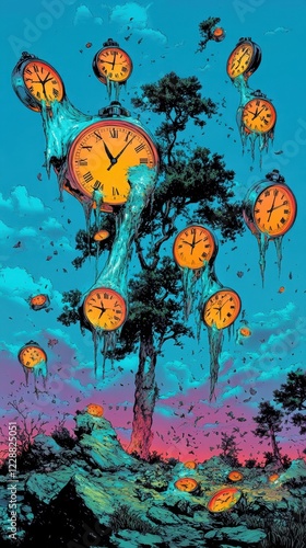 A surreal scene of melting clocks hanging from a tree against a vibrant sky.