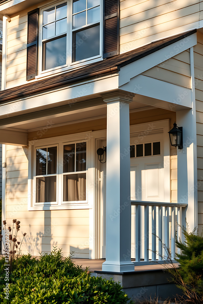 Charming Yellow House with Porch and Classic Design. Beautiful Home Exterior, Real Estate, Residential Property, Suburban Architecture, House Facade, Classic Style, Home Exterior Design Charming Yellow House with Porch and Classic Design. Beautiful Home Exterior, Real Estate, Residential Property, Suburban Architecture, House Facade, Classic Style, Home Exterior Design