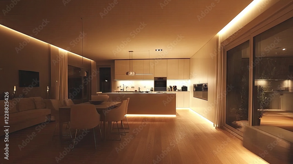 Fototapeta premium LED recessed ceiling lights providing efficient lighting in a sleek, modern home.