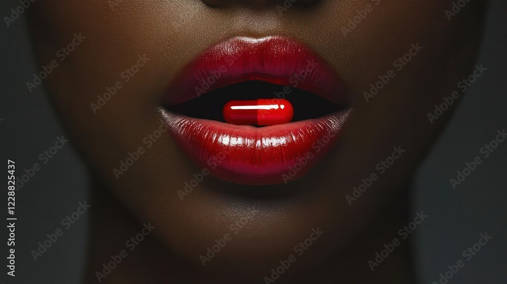 Fototapeta premium Close-up of a woman's mouth with her tongue protruding and a one red pill on it