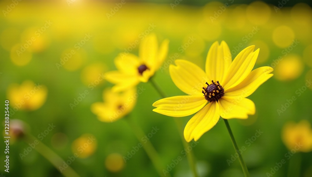 Bright yellow petals with dark centers sway gently in summer breeze, Blooming flowers, Yellow, Summer meadow Bright yellow petals with dark centers sway gently in summer breeze, Blooming flowers, Yellow, Summer meadow