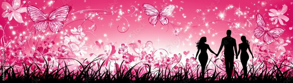 Couple walking hand-in-hand, pink floral background, butterflies. Romantic design Couple walking hand-in-hand, pink floral background, butterflies. Romantic design