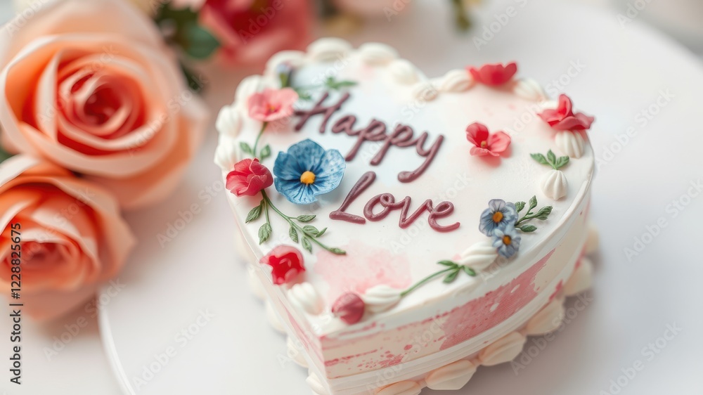 Heart-Shaped Cake with Happy Love Message Surrounded by Fresh Flowers on Elegant Table Setting Heart-Shaped Cake with Happy Love Message Surrounded by Fresh Flowers on Elegant Table Setting