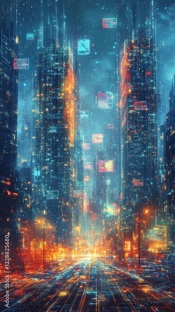 Naklejka premium A vibrant cityscape illuminated by neon lights and digital displays in a futuristic setting.