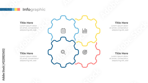 Vector thin line elements with 4 options interconnected gears representing a process or workflow.