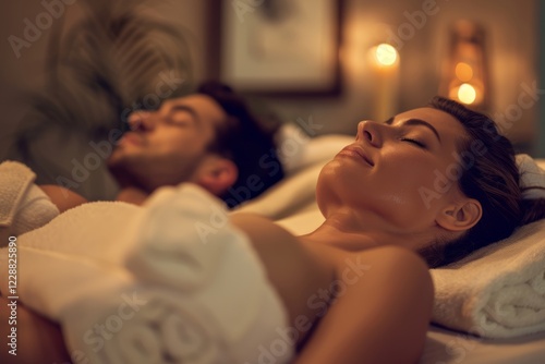 In a soothing, candlelit ambiance, a couple is embracing the benefits of a spa treatment with aromatherapy. Theyre together, feeling relaxed and rejuvenated during this intimate experience photo