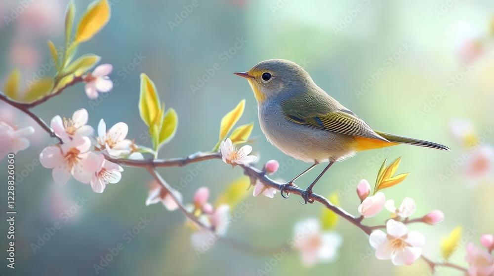 A kinglet perched on a blooming branch with delicate flowers in a spring garden. Lush blossoms and greenery framing the scene. A kinglet perched on a blooming branch with delicate flowers in a spring garden. Lush blossoms and greenery framing the scene.