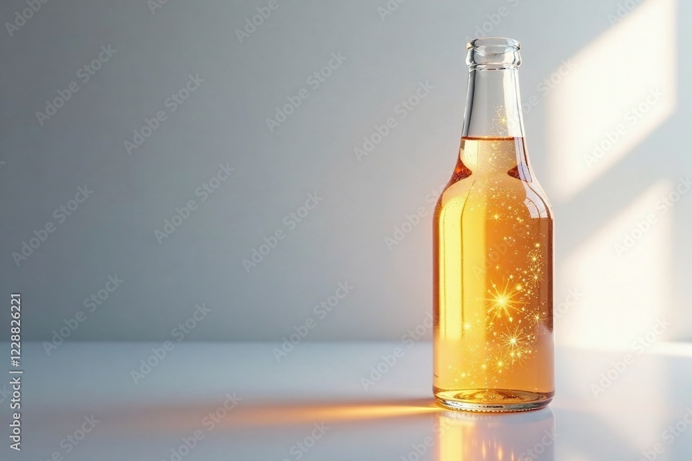 Glass bottle with a radiant glow on a white surface, still life, sparkle, shine Glass bottle with a radiant glow on a white surface, still life, sparkle, shine