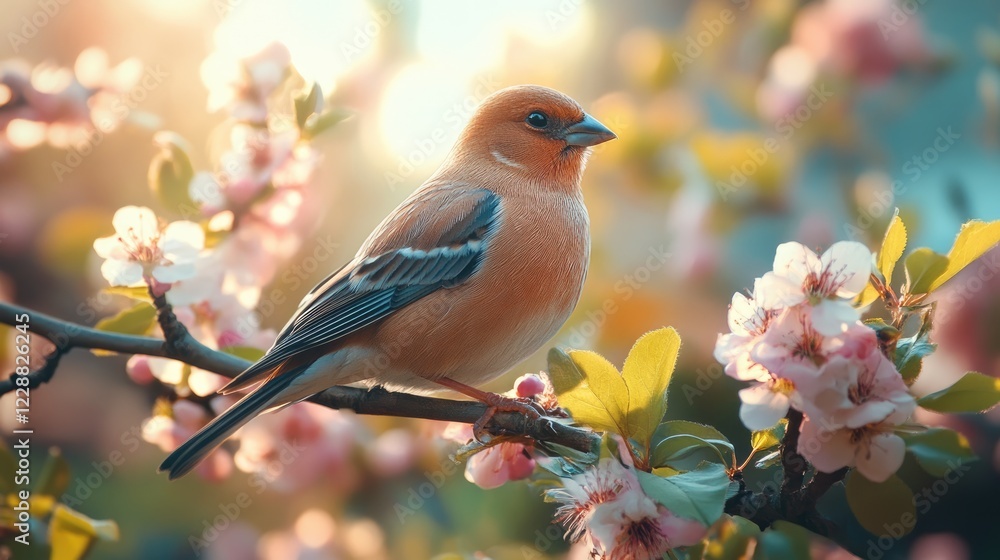 A linnet resting on a flower-filled branch amid vibrant spring blossoms. Soft petals and fresh greenery. A linnet resting on a flower-filled branch amid vibrant spring blossoms. Soft petals and fresh greenery.