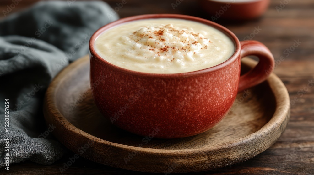 Creamy rice pudding in a rustic mug. Creamy rice pudding in a rustic mug.