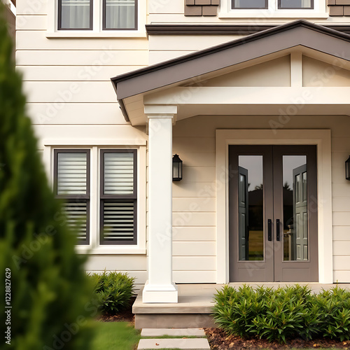 Elegant Home Exterior: Cream House with Dark Gray Double Door and Porch. Beautiful Architecture and Landscaping