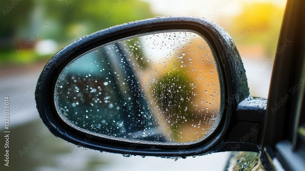 Side view close-up of a car mirror with water streaming down and foam bubbles during a thorough car wash Side view close-up of a car mirror with water streaming down and foam bubbles during a thorough car wash