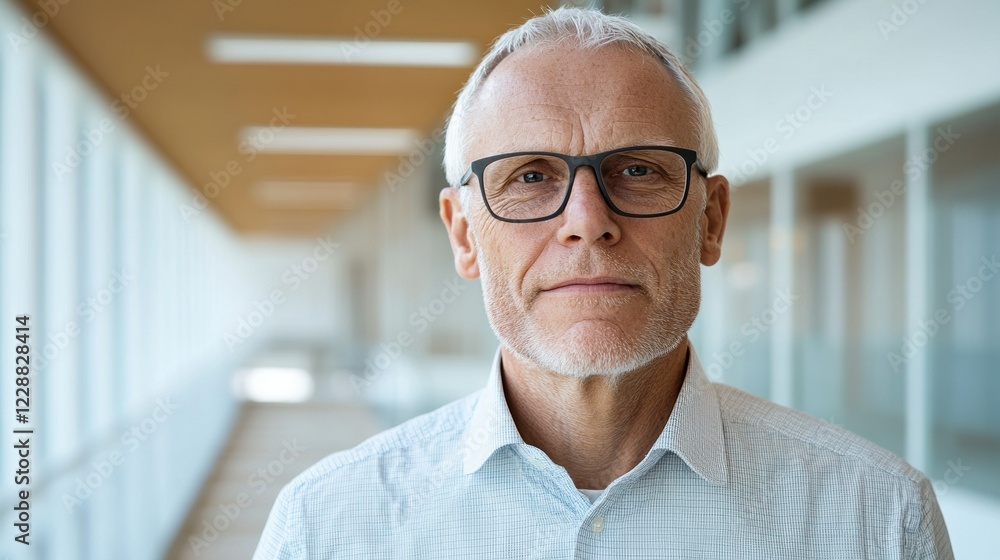 Fototapeta premium Professional man with glasses standing in a modern office corridor, looking confident.