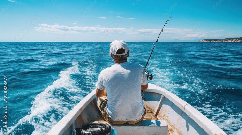 Naklejka premium Man fishing on boat, ocean background, sunny day, summer travel