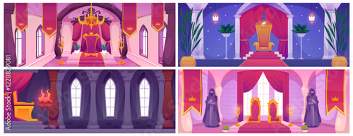Throne room, castle or palace interior vector flat set, royal kingdom hall, medieval ballroom with throne, red curtains