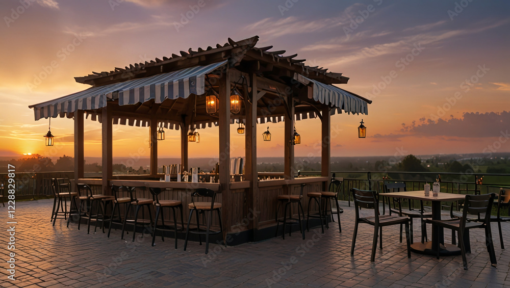 Charming outdoor cafe overlooking the sunset sky Charming outdoor cafe overlooking the sunset sky
