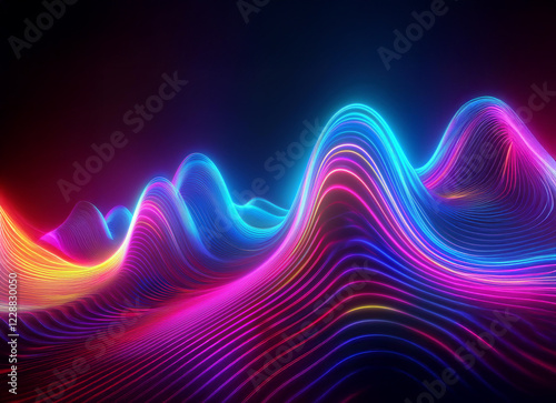 Vibrant, neon-colored lines form undulating, abstract hills against a dark background.  The image evokes a sense of energy and movement.