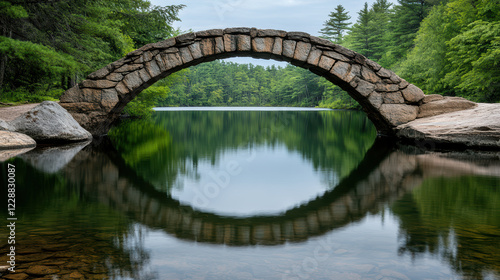 majestic stone bridge reflecting in calm lake surrounded by greenery