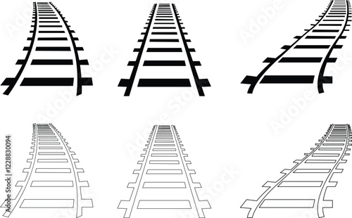 Railway tracks and switches or turnouts of the main railway station set, Straight and curved railway train track icons. Top view railroad train paths. on transparent background, used for railway lines