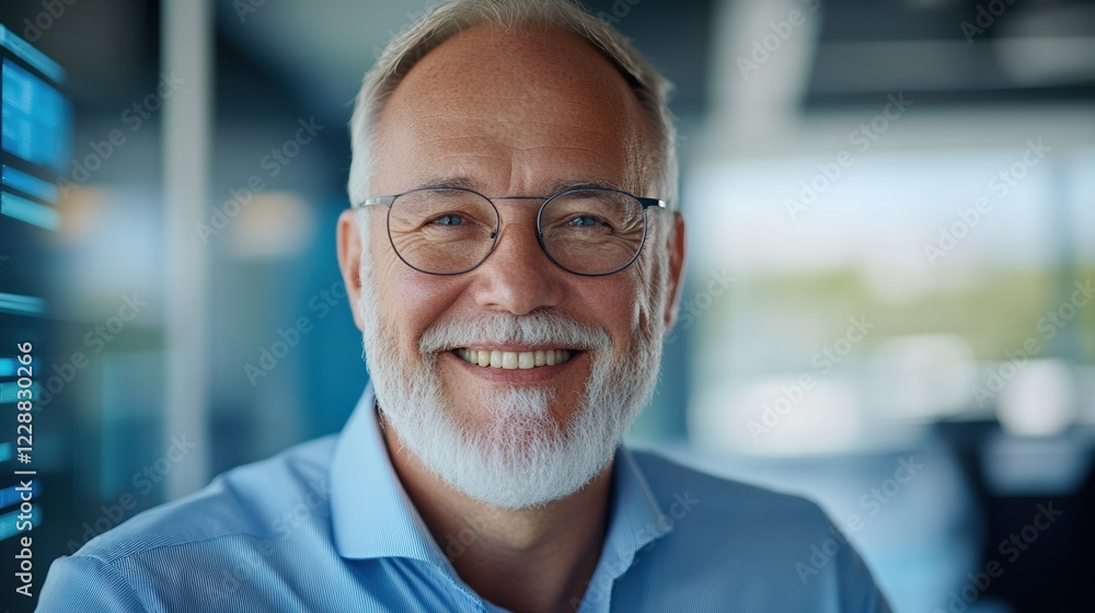 Fototapeta premium Smiling elderly man in a professional setting, showcasing confidence and experience.